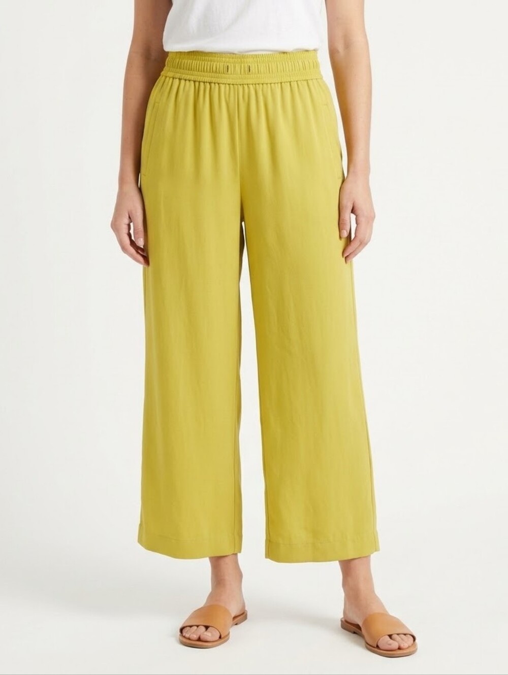Zara Women's Size M High Rise Elastic Waist Satin Wide Leg Pants Mustard Lime